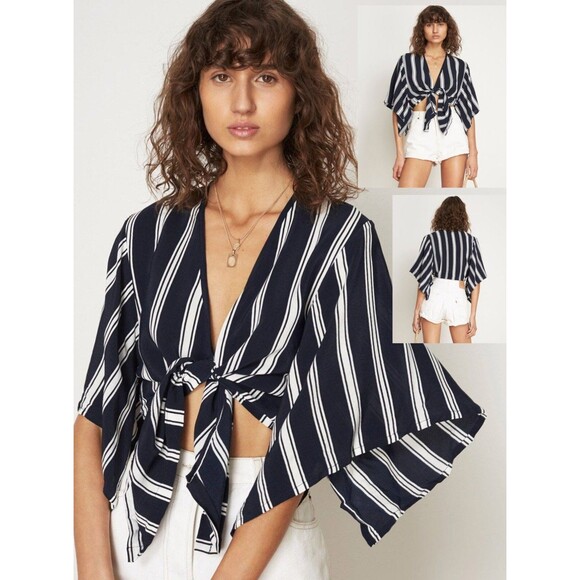 MDS Women's 4 Faithfull The Brand Olson Tie Front Blouse St. Vincent Stripe Top - Picture 1 of 9